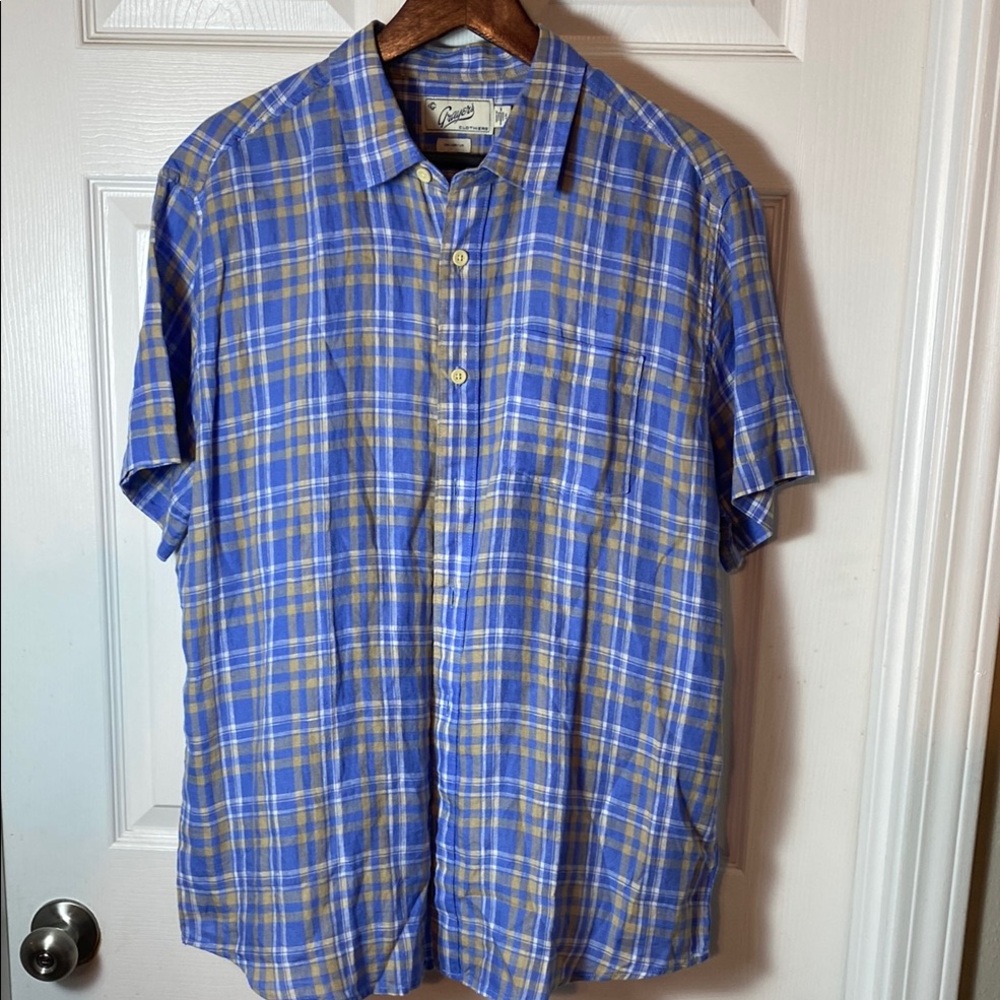 Grayers Men 100% Linen  Blue and Yellow Button Down Shirt Short Sleeve Size L
